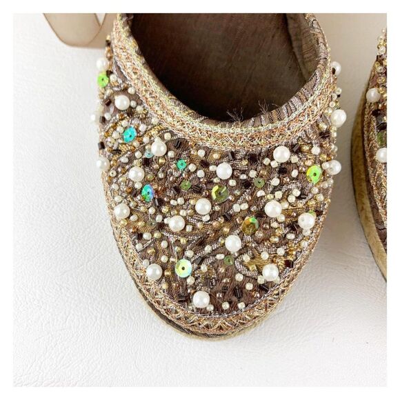 Steve Madden taupe Pearl/Bead/Crystal Embellished Wedge Ankle Wrap Boho Espadril - Picture 5 of 15